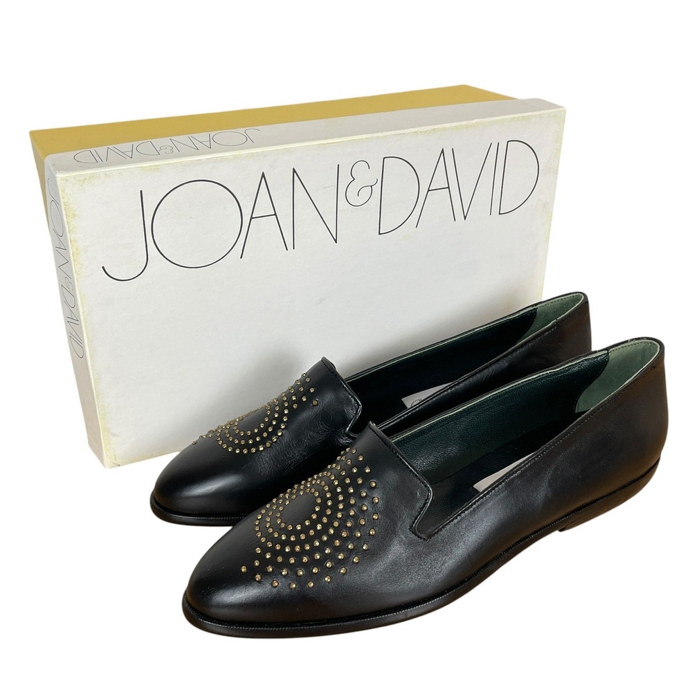 Joan David Black Leather Metal Stud Loafers Women 8 Italian Quiet Luxury Capsule